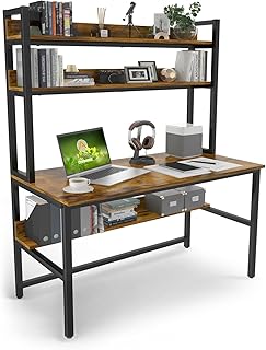 Aquzee Schreibtisch mit Regal, 120 cm Schreibtisch Holz, Computertisch mit Aufsatz Viel Stauraum, 3 Regalen Vintage Platzsparend PC Tisch, Groß Arbeitstisch Homeoffice Bürotisch, Braun