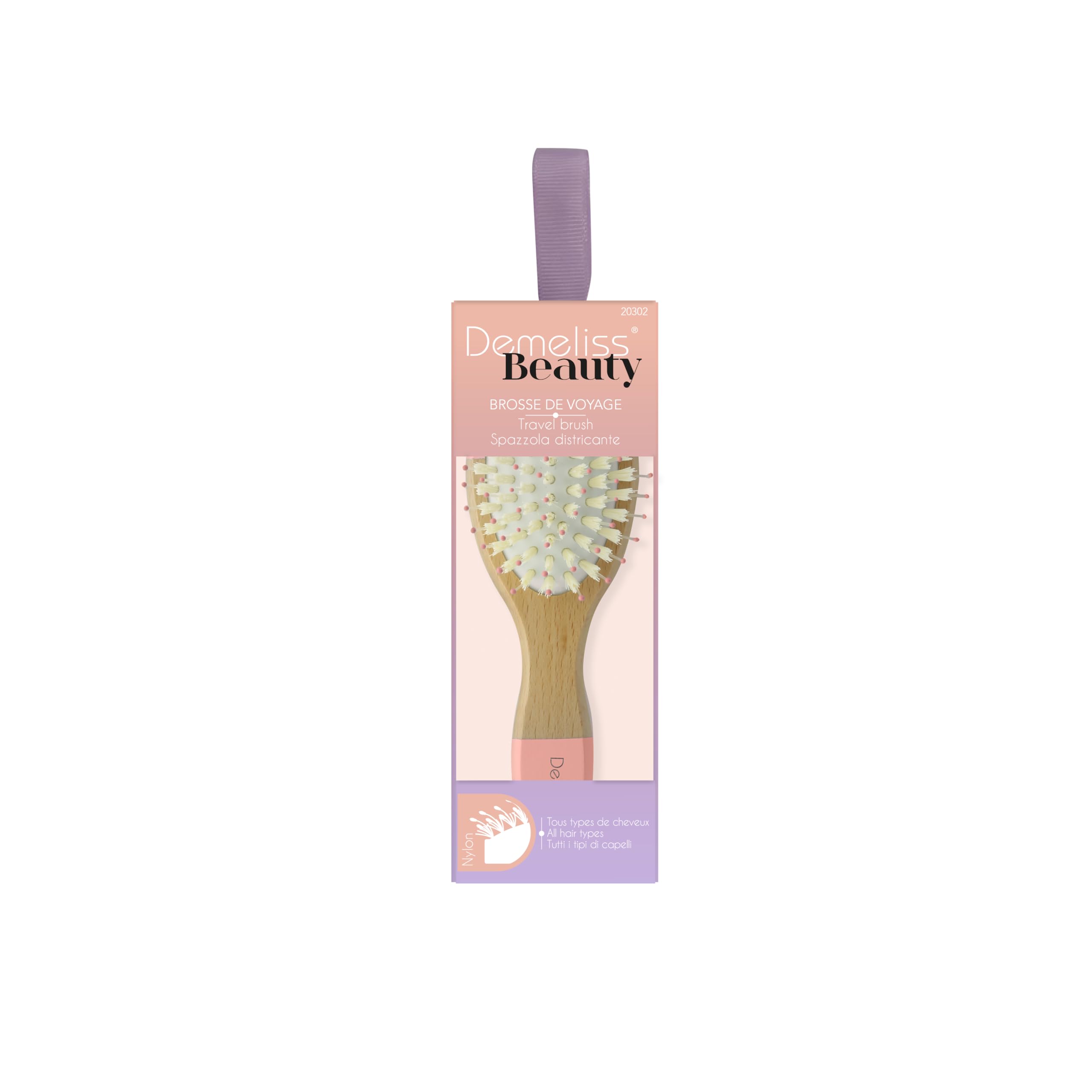 Demeliss Beauty - Travel Size Hair Brush - Wooden Brush - Travel - All Hair Types - Double Height Nylon Bristles - Gently Detangles