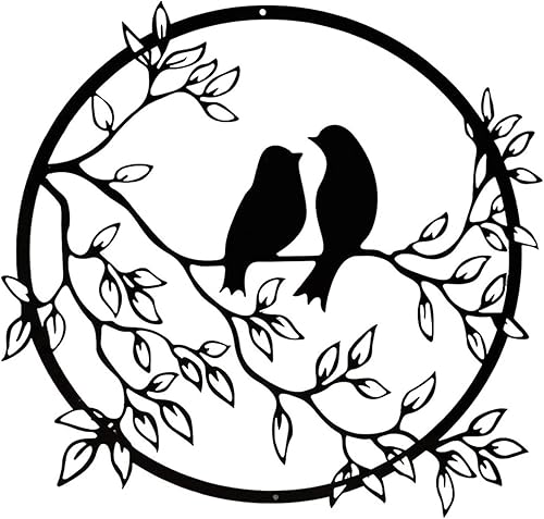 Albnegru Decoración de pared de pájaro de metal, silueta colgante de arte de pared de metal, árbol con pájaros en rama, escultura colgante para sala