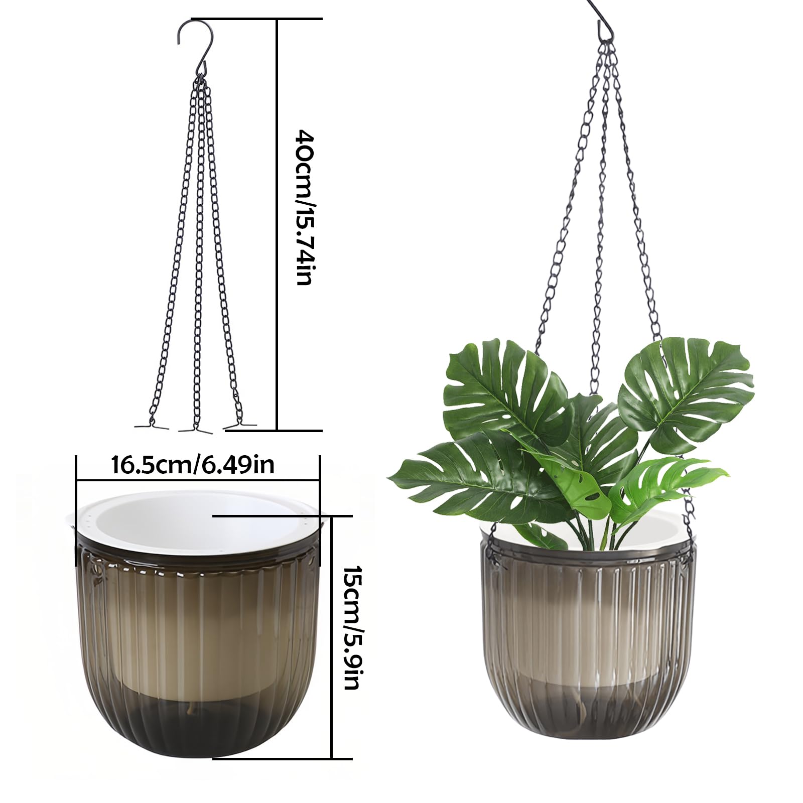 hifrom Vasi per fiori da appendere, per esterni, con catena, in cocco, grande volume (set da 2 pezzi, grigio trasparente, 16,5 cm)
