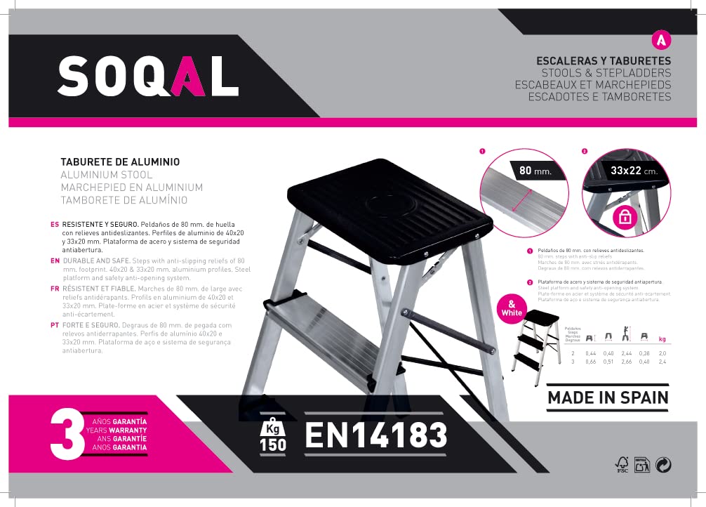 Escalera de aluminio de 2 peldaños, SOQAL
