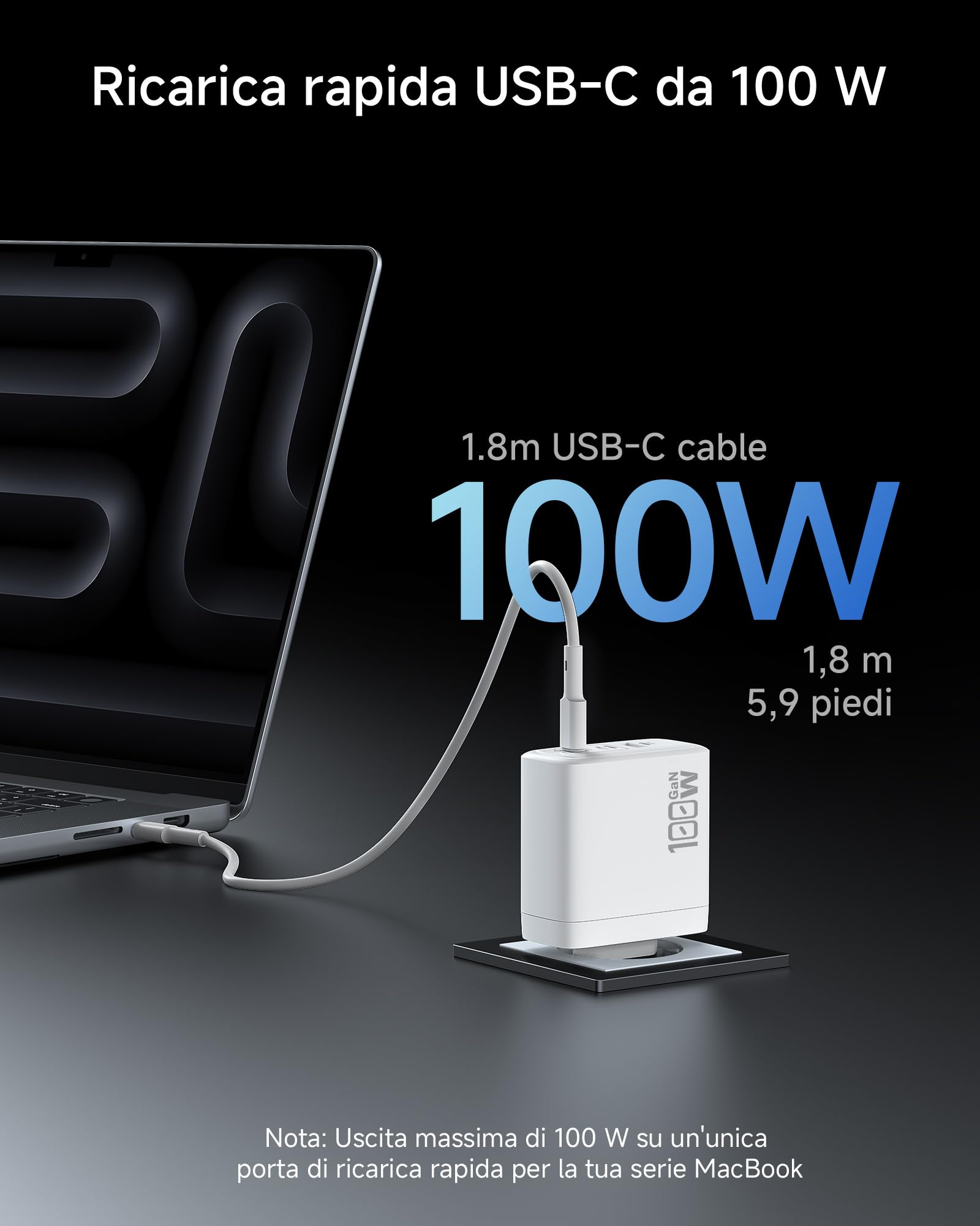 OUFUYU 100W Caricatore USB C GaN 3 Porte, Caricabatterie USB Muro, Alimentatore Compatibile con MacBook Pro/Air, iPad Pro/Air/Mini, iPhone 16/15/14, Galaxy S24/ S23/ 22, Tablet, Cavo da 1,8 m Incluso