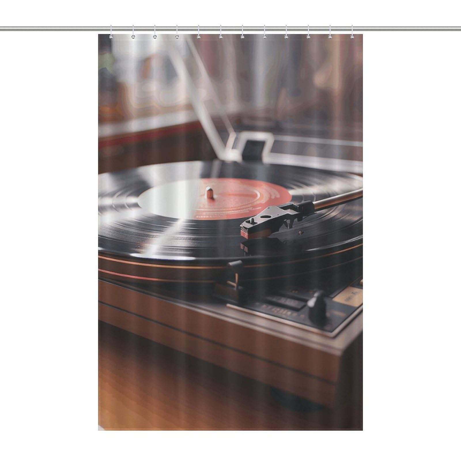 Rideau de douche tourne-disque rétro pour une salle de bain à l'ambiance musicale et rustique