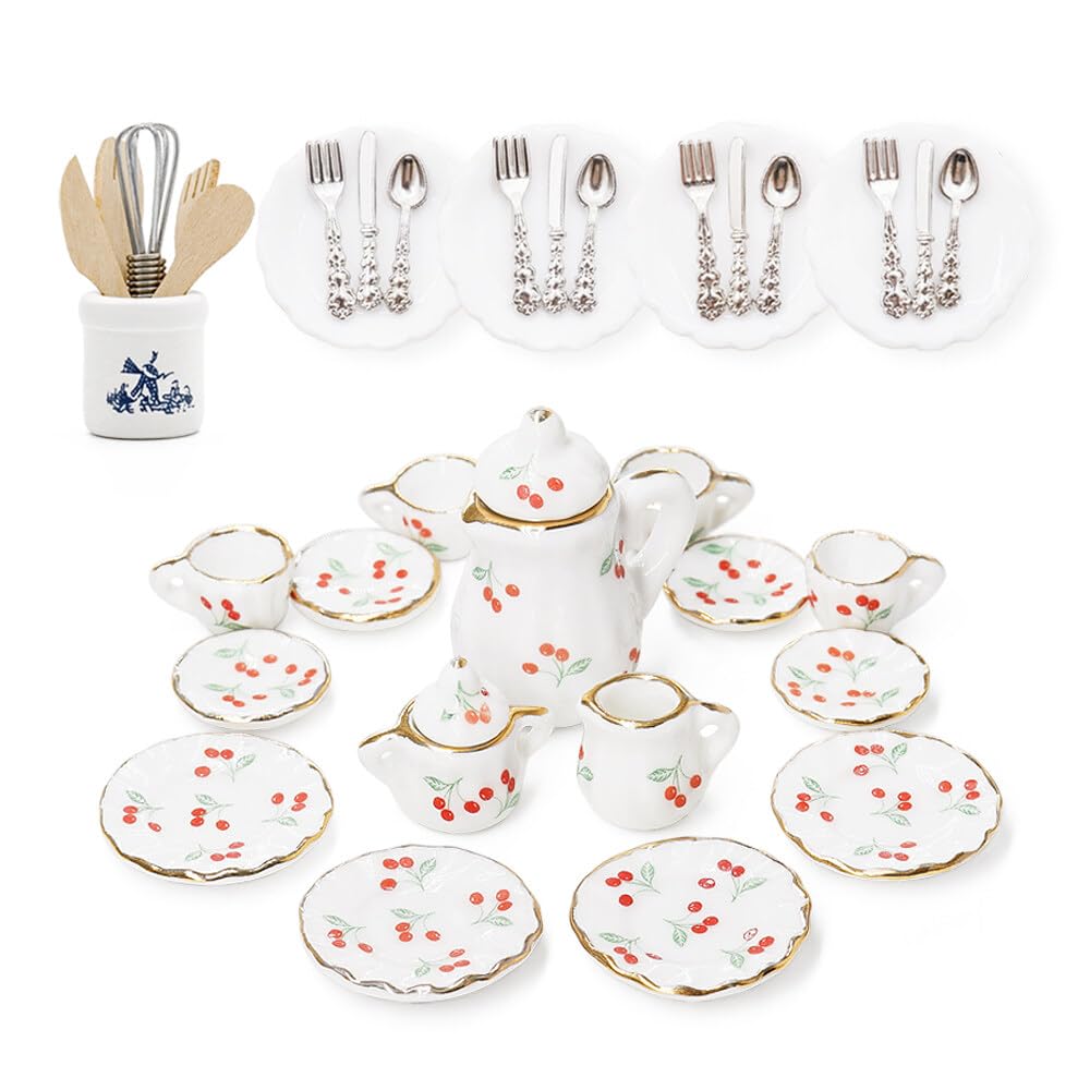 1/12 Scale Dolls House Miniature Tea Set Plates and Cutlery Kitchen Utensils Dollhouse Accessories, Cherry