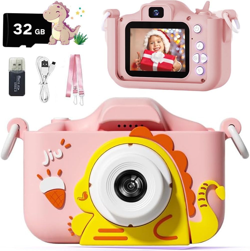 Kids Camera Toys for 3-12 Years Old Boys and Girls with Protective Silicone Cover,Christmas Birthday Gifts with 32GB SD Card Little Monster Pink