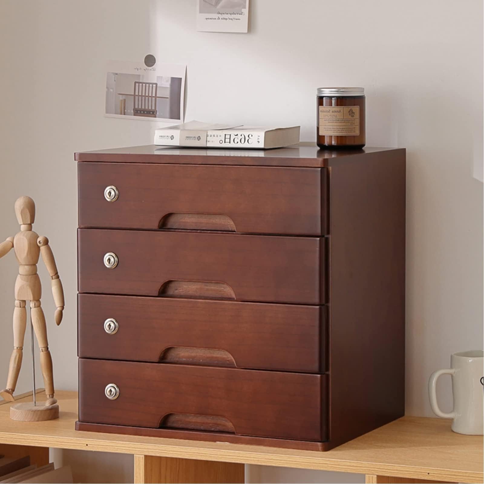 SnamicE Wooden Desktop Storage Box With Lockable Drawers-4-Drawer File Cabinet For Office Supplies,A4 Document Storage,Stylish Desktop,A-4 drawer,B-4 drawer