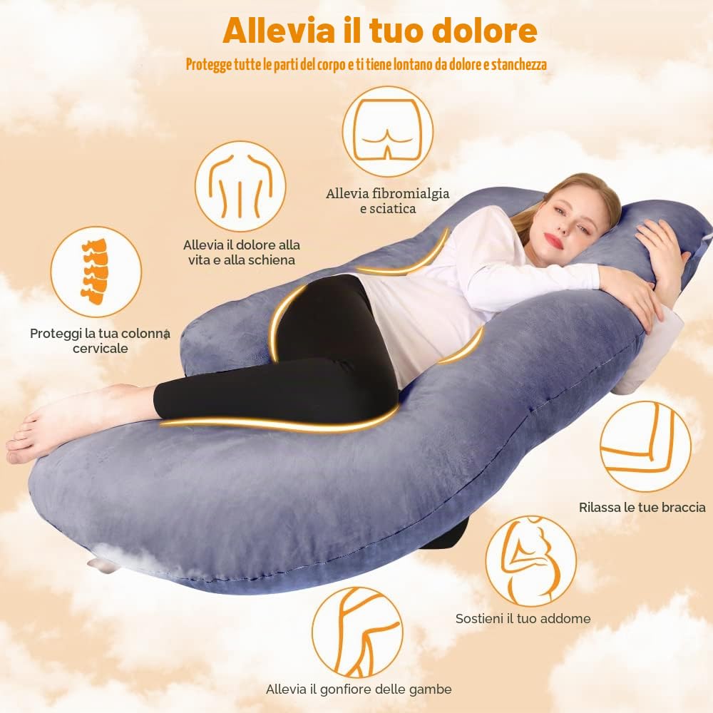 Chilling Home Cuscino Gravidanza, Cuscino per Chi Dorme Sul Fianco a Forma di J con Fodera, Cuscino a U,Cuscino per L'allattamento, Cuscino di Posizionamento Grande per donne,Grigio Blu