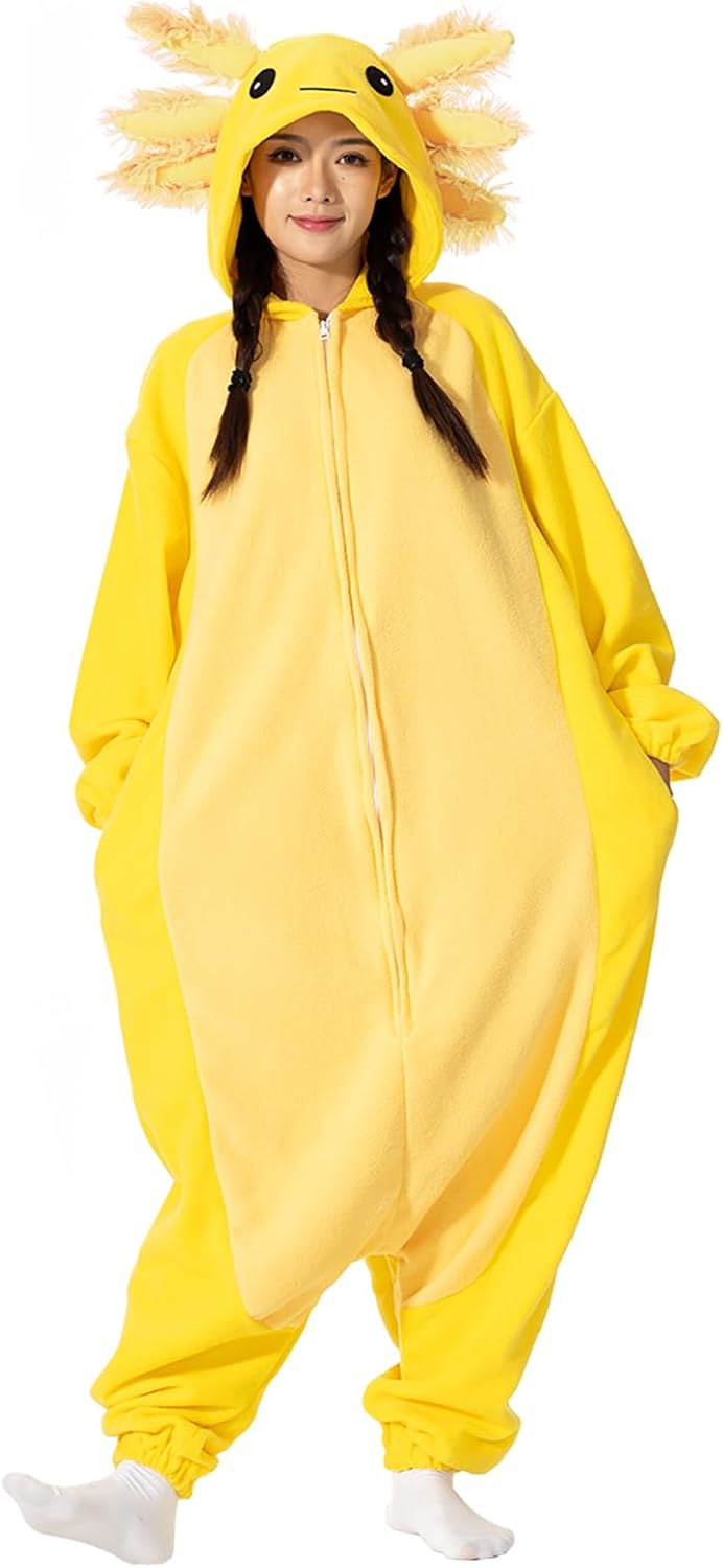 Adult Onesie Axolotl Costume Pajamas Unisex Cosplay Animal Sleepwear Halloween Jumpsuit Gifts for Men Women