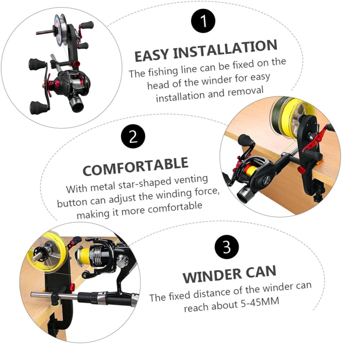 Fishing Line Winder Reel Spooler -45mm Winding Range Adjustable Rod Position Comfortable Venting Button