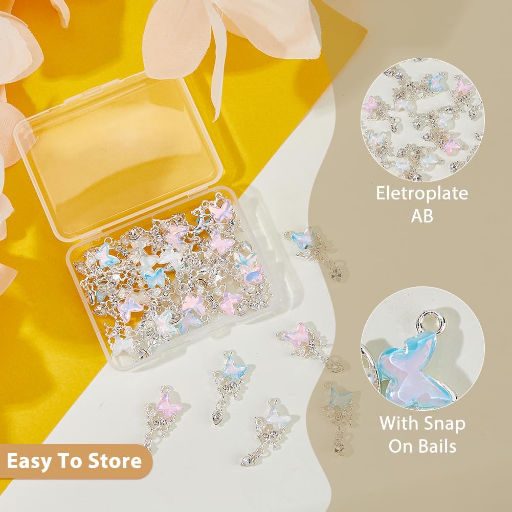 12Pcs Crystal Glass Dangle Pendants 4 Colors Butterfly Alloy Charms Silver Tone Glass Butterfly Heart Charms for Jewelry Necklace Bracelets Earrings Making DIY Crafts - Image 3