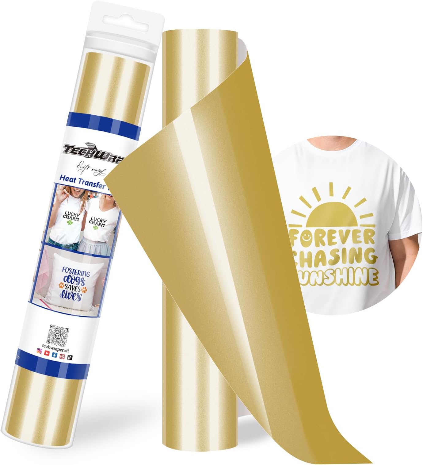 TECKWRAPHeat Transfer Vinyl - 12" x 10ft Iron on Vinyl for DIY Clothing,Shirts,Logos,Hats, Fabric HTV Vinyl Heat Transfer Paper Compatible with Heat Press Craft Cutters,Gold