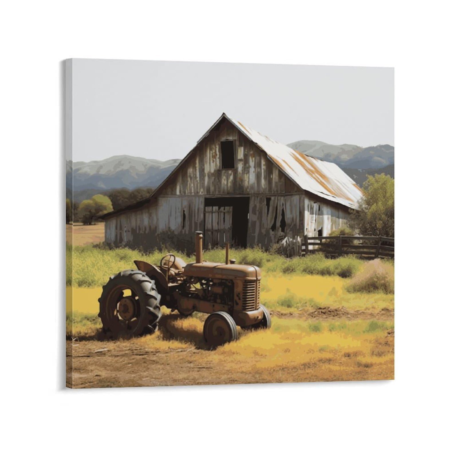KLOPH Old Wooden Barn with Rusted Tractor Canvas Wall Art for Living Room 08x8inch Modern Artwork Painting for Bathroom Hanging Canvas Prints Aesthetic Wallart for Bedroom Kitchen Office Wall Decor