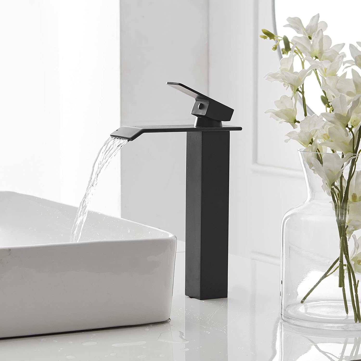 Exсluѕіvе Dіѕсоunt 50% Prісе Greenspring Bathroom Vessel Sink Faucet Black Waterfall One Hole Bathroom Faucets Tall Single Handle with Drain Assembly