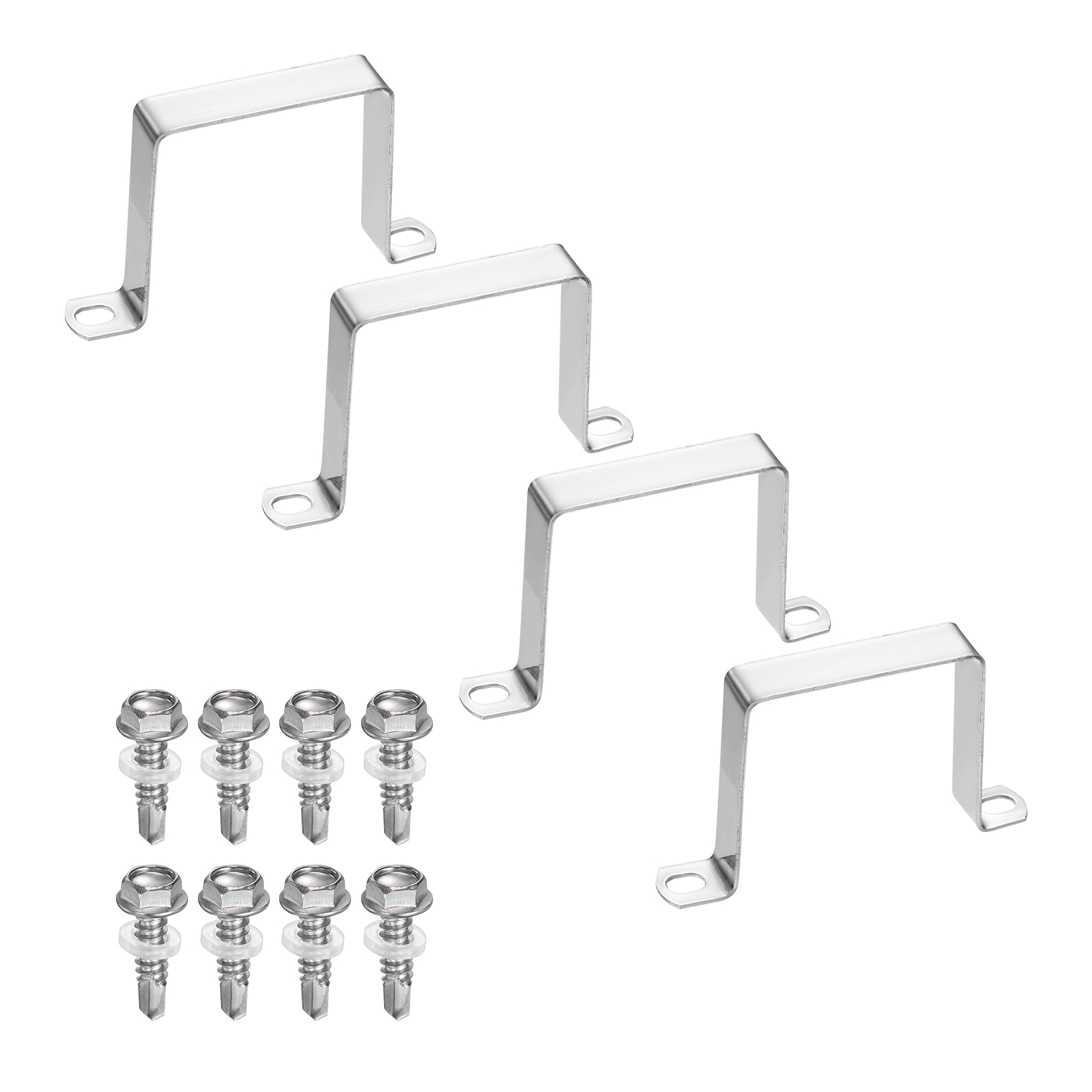 sourcing map 4set U Shaped Connector Bracket 75x75mm 304 Stainless Steel Square Pipe Clamp with Self Tapping Screw Square Tube Buckle for Pipe Hose Cable Automotive Parts, Silver