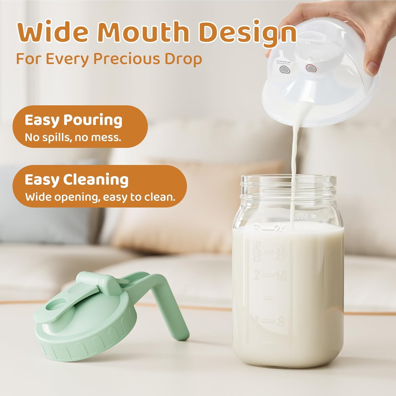 Breast Milk Pitcher, Mason Jar 32 oz, Heavy Duty Wide Mouth Jar with Green Flip Cap Lid and Pour Spout, Airtight Seal for Freshness and Convenience, Great for Cold Beverages and Home Entertaining - Image 6