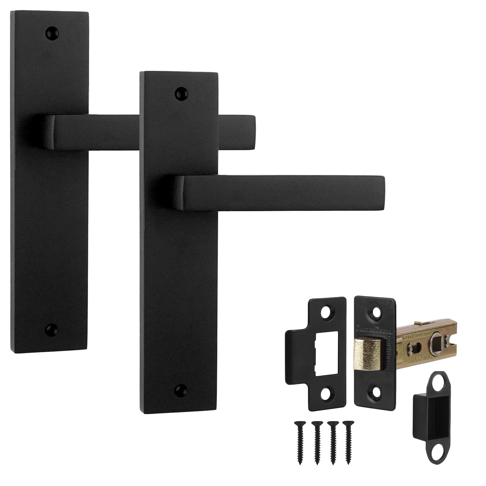 Decoranddecor Lumina Matt Black Backplate Door Handles Set with 2.5in Fire-Rated Tubular Mortise Latch – Contemporary Internal Door Handles, Art Deco Design for Residential & Commercial Interiors