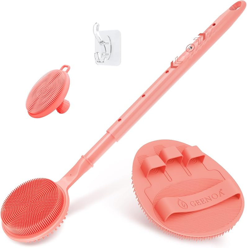 Kit GEENOA com escova de silicone para costas, luva de banho e escova facial, 3 peças, cabo ajustável de 40,64 cm a 60,96 cm, rosa