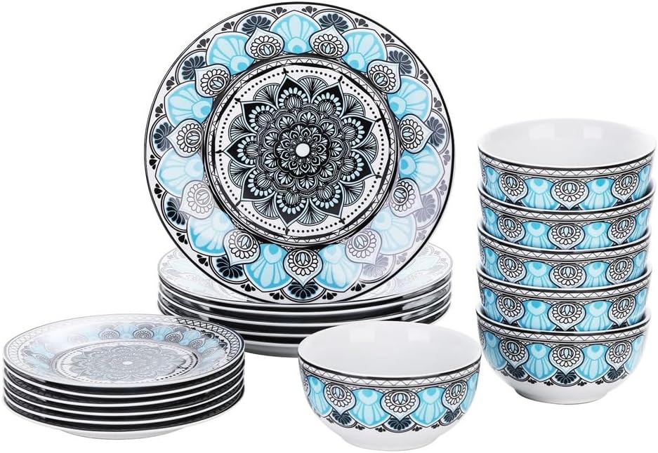 Bohemian Retro Blues and White Porcelain Tableware Set With 6 Plate Dessert Cereal Bowl