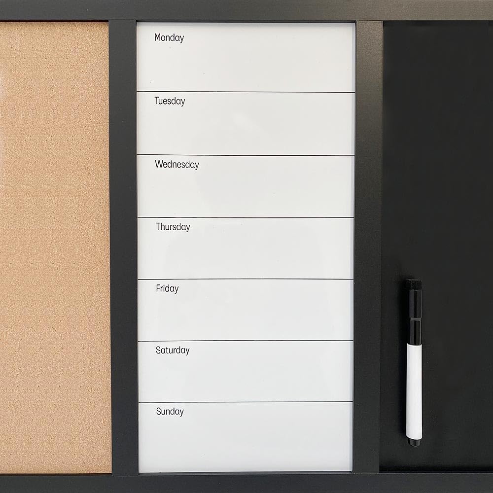 DisplayLager 3 in 1 Kombitafel, Magnettafel für Wochenplanung, Kork und Kreidetafel, inkl. 1 Marker, 4 Magnete, 12 Pins, 5 stk. Kreide (English, 40 x 60 cm)
