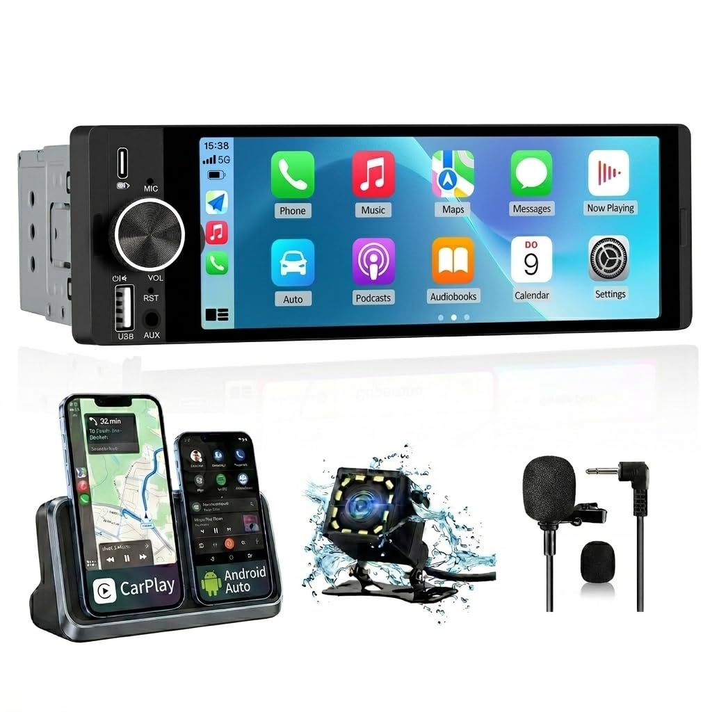 Junsun 1 DIN Universal Car Radio with 6.36 Inch Touch Screen, with CarPlay/AndroidAuto/Support Charging Type-C/USB/Microphone/FM/EQ/WiFi/GPS/Bluetooth 5.0/USB/SWC and Rear Camera with 6M Cable