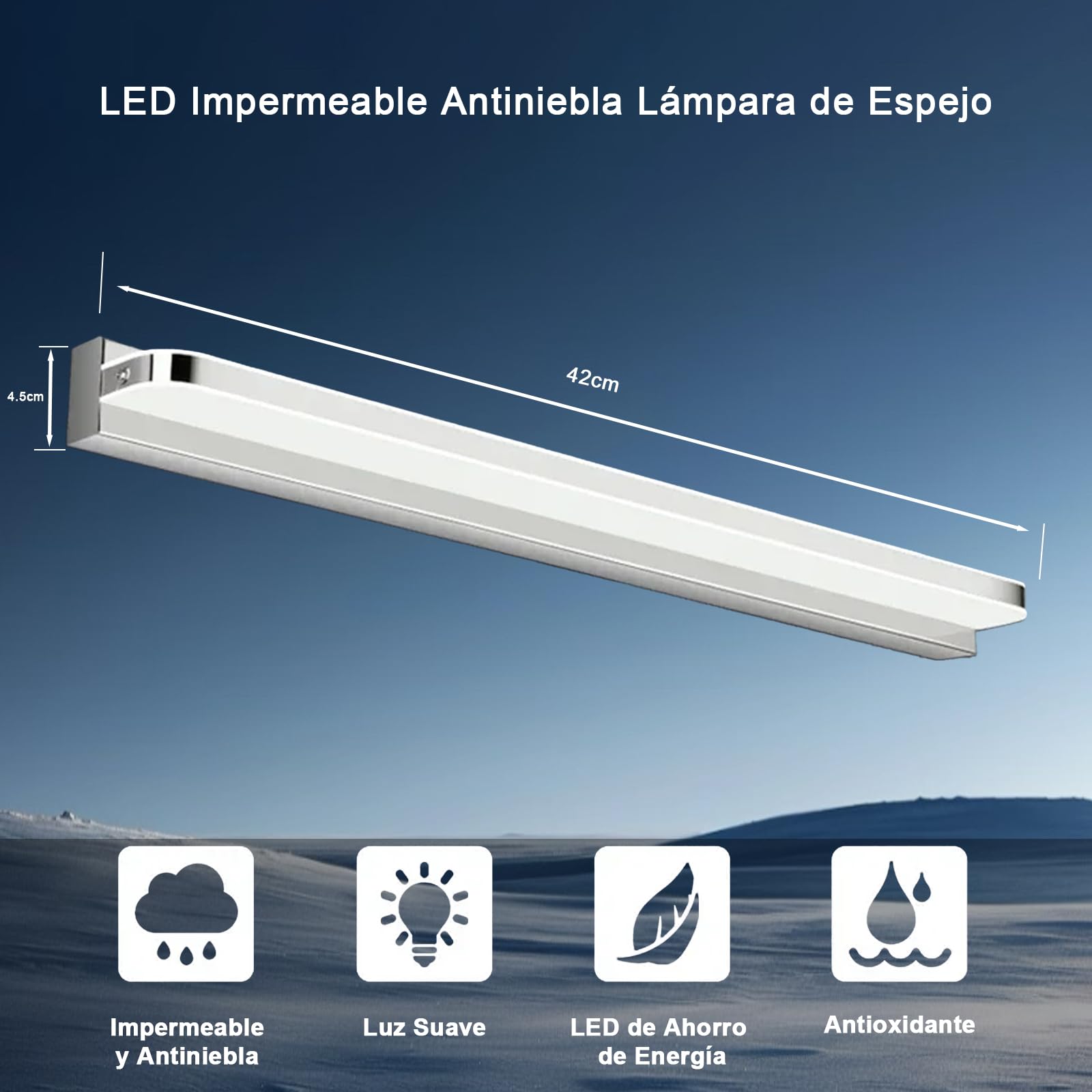 Aplique Espejo Baño 42cm,IP44 Impermeable,Blanco Frío 6000K | Lampara Espejo Baño con Interruptor Luz Espejo Baño 9W 230V Aplique Luz Espejo Baño de Aluminio
