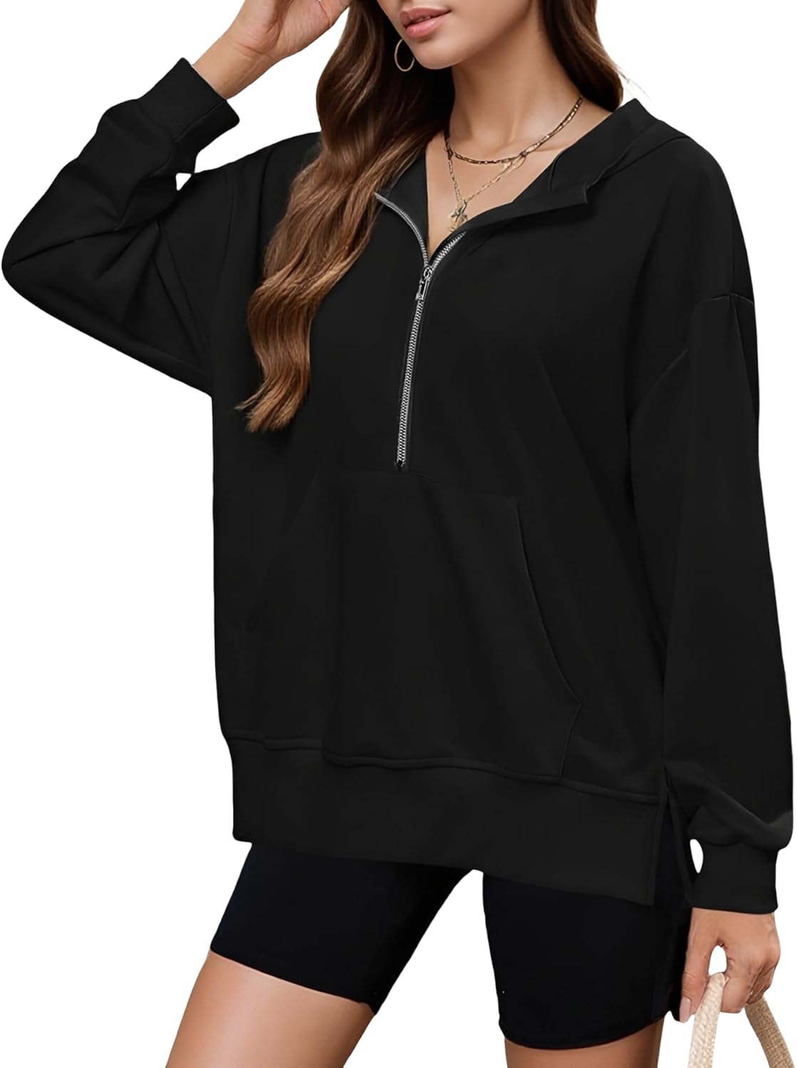 AIMILIA Women's Half Zip Hoodie, Y2K Oversized Sweatshirt with Pockets, Casual Loose Fit Pullover Tops, Fall Winter Outfits