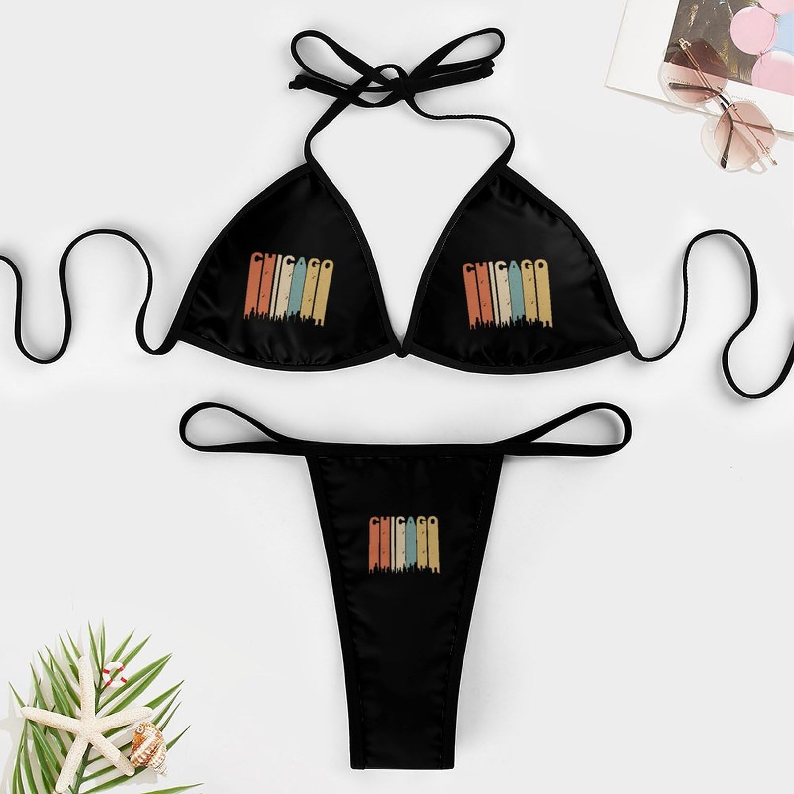 Retro 1970's Chicago Women's 2 Piece Bikini Set Halter Strap Swimsuit Sexy Bathing Suit with Thong S