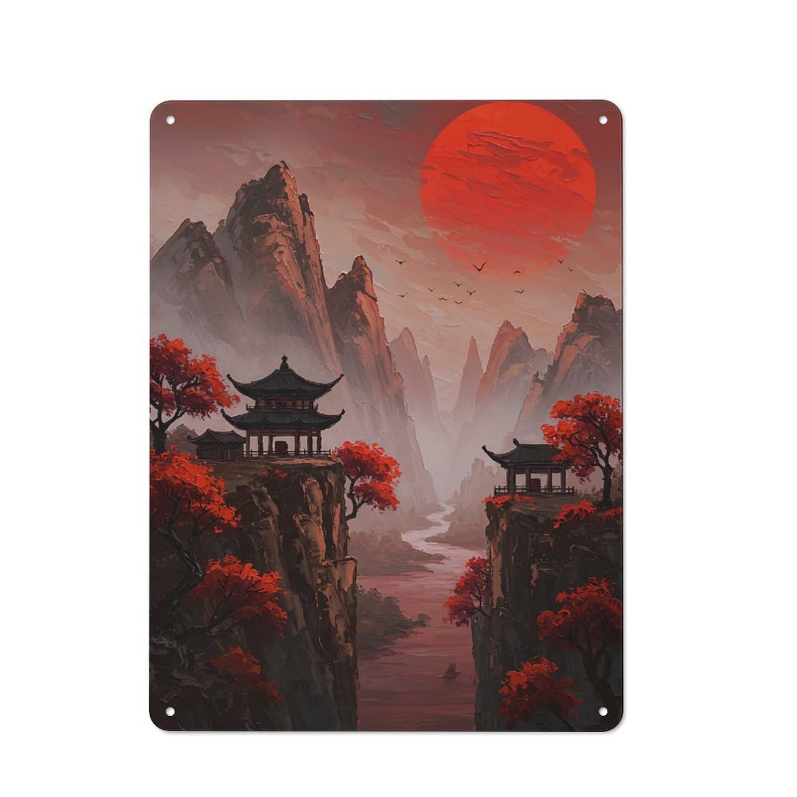 Tin Wall Plaque with Red Sunset Over Mountains Design 40x30cm, Country Vintage Cottage Wall Art for Kitchen, Cottage, Porch Or Garden Room
