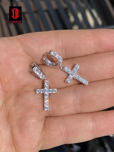 Iced Moissanite 14K Gold Vermeil 925 Silver Dangle Cross Stud Earrings 2Ct (1.5” (2.1Ct), White Gold) #TOP3