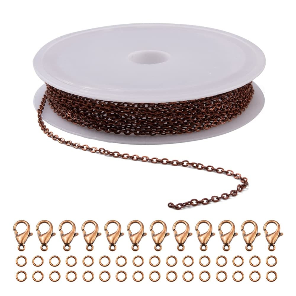 HDSupplies Cable Chain Jewelry Necklace Making Kit Includes Approx 3m (9ft) 2x1.8mm Chain, 10 Lobster Clasps, 30 Jump Rings - Red Copper Tone