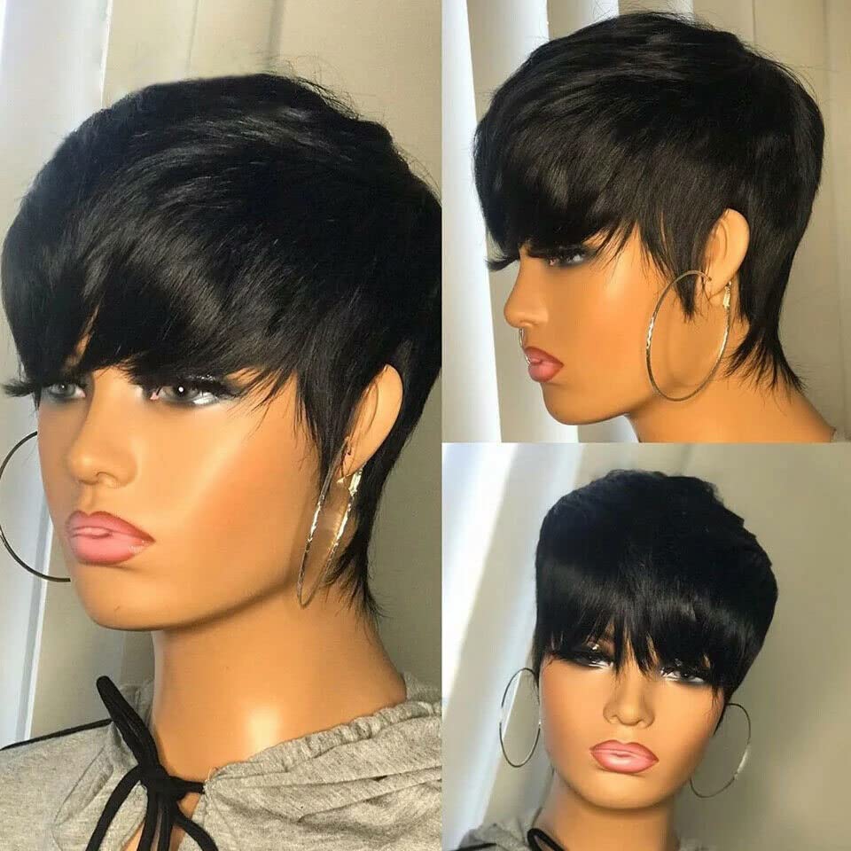 Short Pixie Cut Human Hair Wigs Brazilian Straight Hair Wigs None Lace Front Wigs Machine Made Wig for Black Women Natural color (8INCH, 1B)