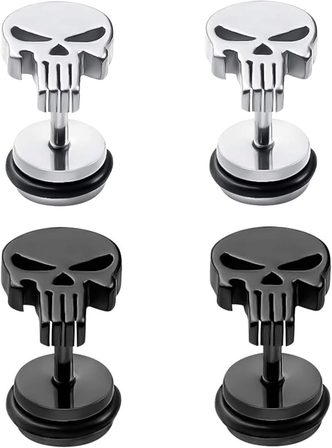 Gothic Skull Stud/Huggie/Clip-On Earrings | Silver Black Surgical Stainless Steel Earrings | Punk Rock Ear Piercing Skeleton Halloween Jewelry | Screw Back