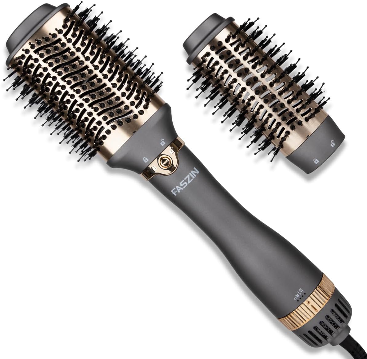 Faszin Hair Dryer Brush, Hot Air Brush with 3 Adjustable Temperature&2 Heads,One-Step Blow and Volumizer, Release 100 Million Negative Ions Smooth, Silky Frizz-Free Hair, Gray