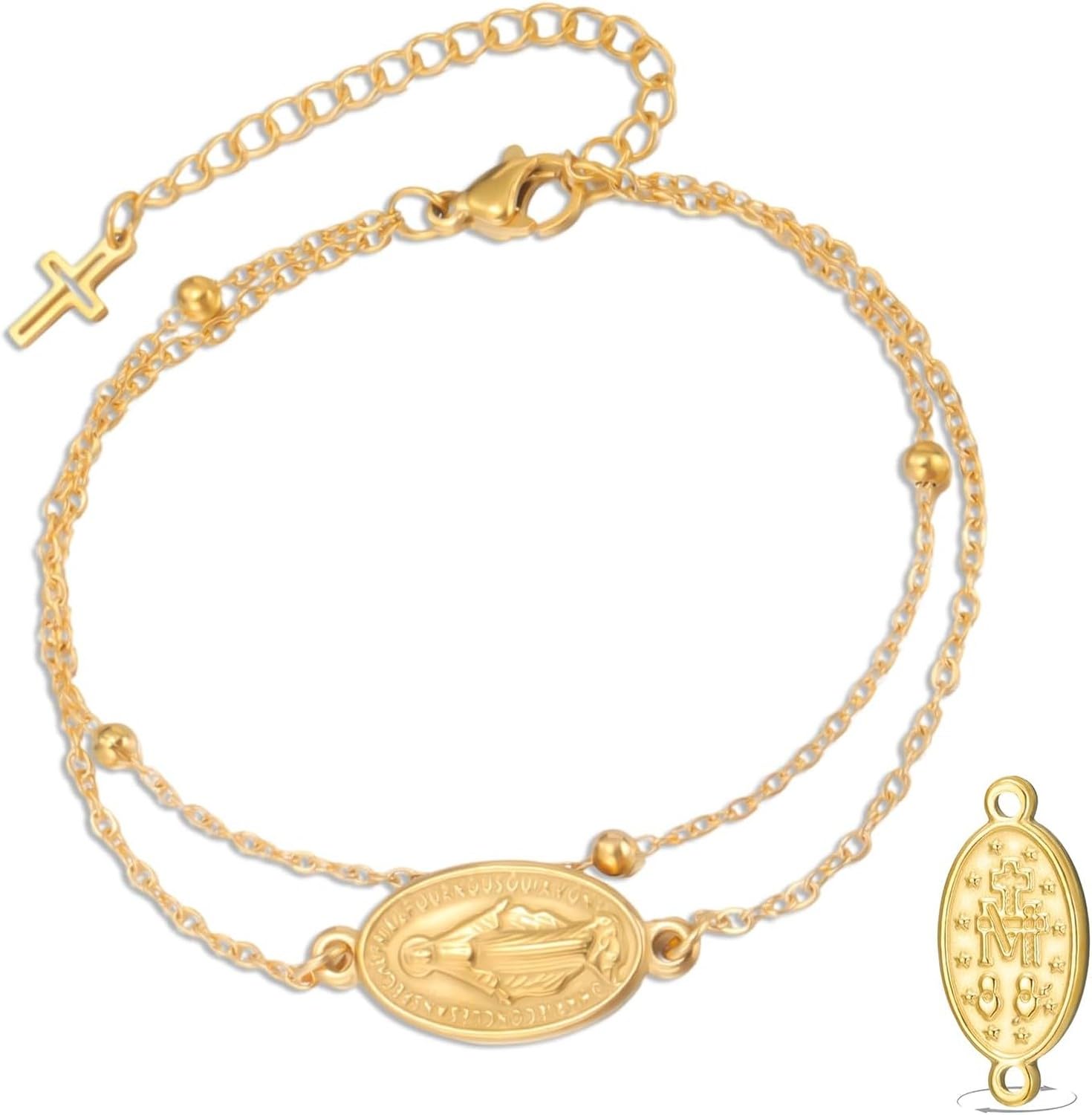 Eouyt Double Sided Rosary Bracelet for Women Men with Virgin Mary Medal Handmade Braided Rope Religious Jewelry Catholic Christian Gift, Gold 11