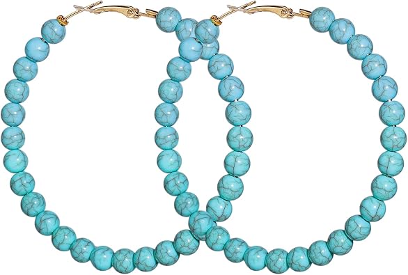 Bohemian Turquoise Geometric C Shape Drop Dangle Earrings Ethnic Hoop Colorful for Women Girls Statement Western Cowgirl Tribal Boho Jewelry