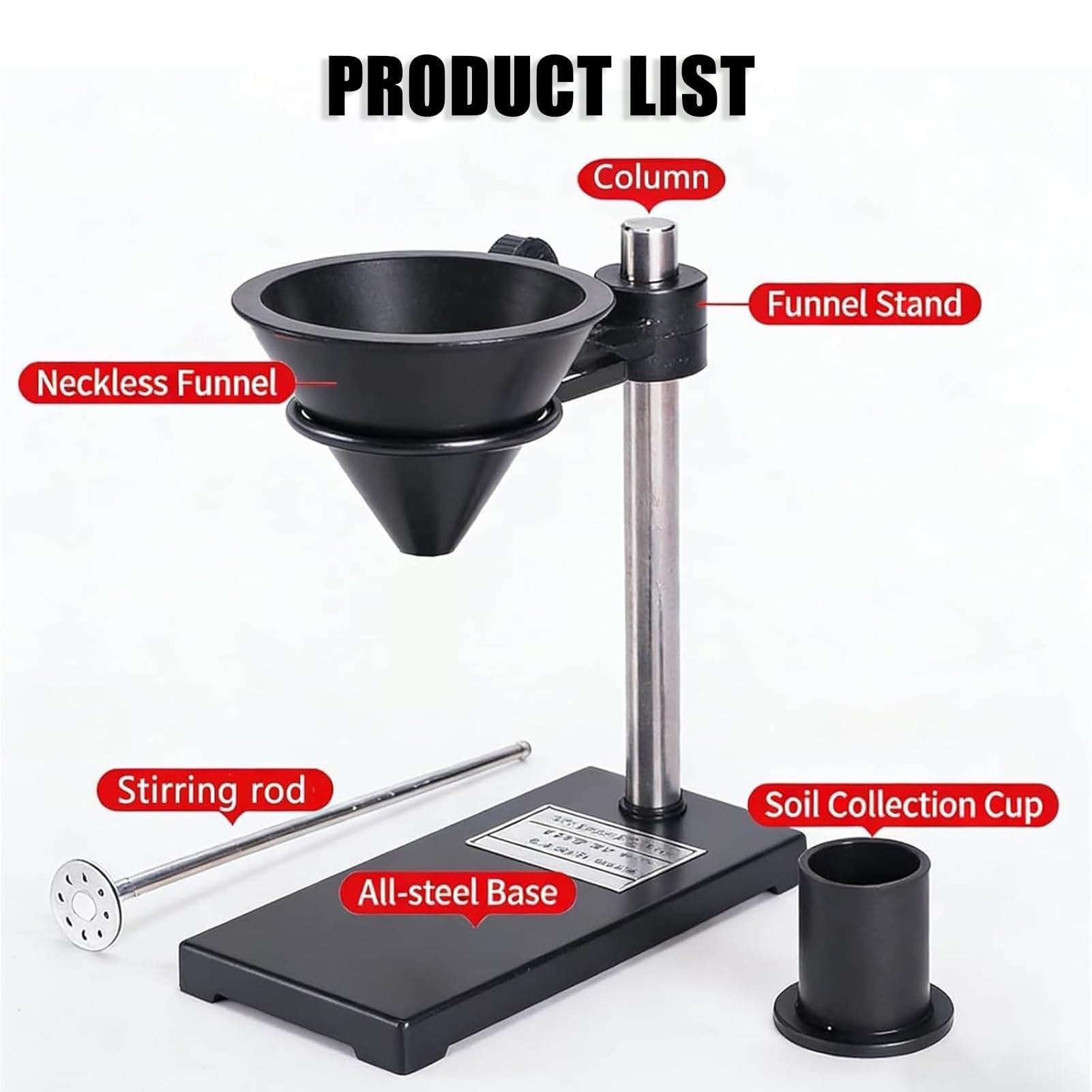Probador de tasa de hinchazón sin tierra, embudo sin cuello, herramienta de medición de suelo, altura ajustable, con taza de medición de suelo y agitador, para determinar el contenido de humedad