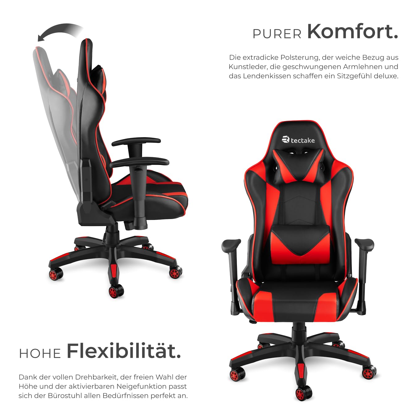 Ruesleag Gaming-Stuhl Ergonomisch – Höhenverstellbar, Mit Lordosenstütze, 360° Drehbar, Schwarzer Rennstil Für Homeoffice Und Zocken