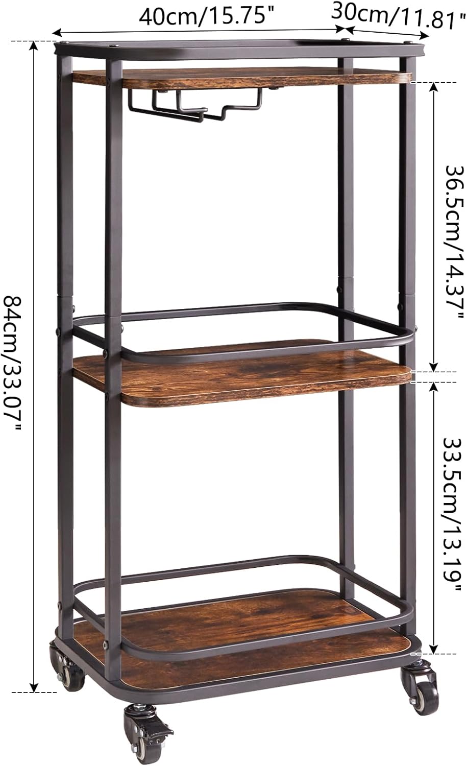 IBUYKE 3-Tier Home Bar Serving Cart,Kitchen Storage Carts with Wheels,11.79x15.72x33.01 inches,Rolling Mini Bar Cart for Home, Outdoor, Kitchen, Bedroom TMJ319H