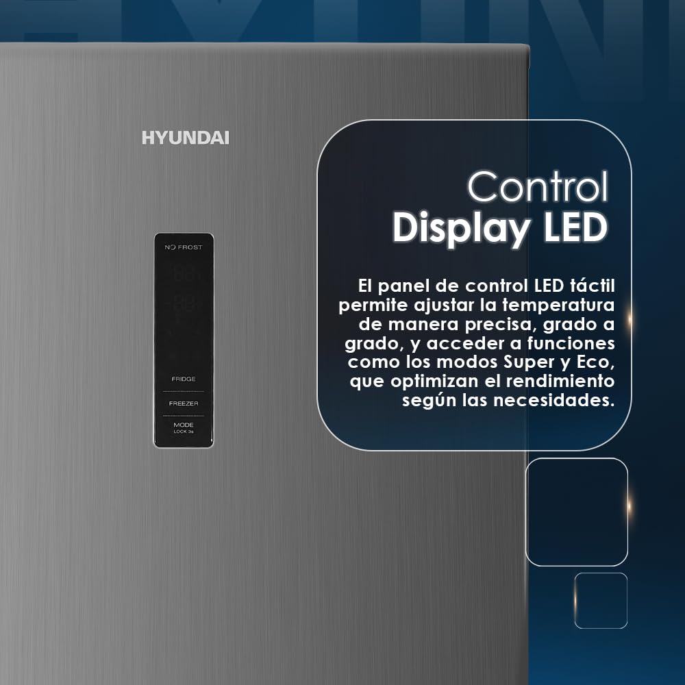 Hyundai Frigorífico Combi Inox, 2 Puertas HCB18560NCDI01, Capacidad 323 Litros, No Frost, Multi Air Flow, Bajo Nivel Sonoro, Puerta Reversible, Clasificación Energética C