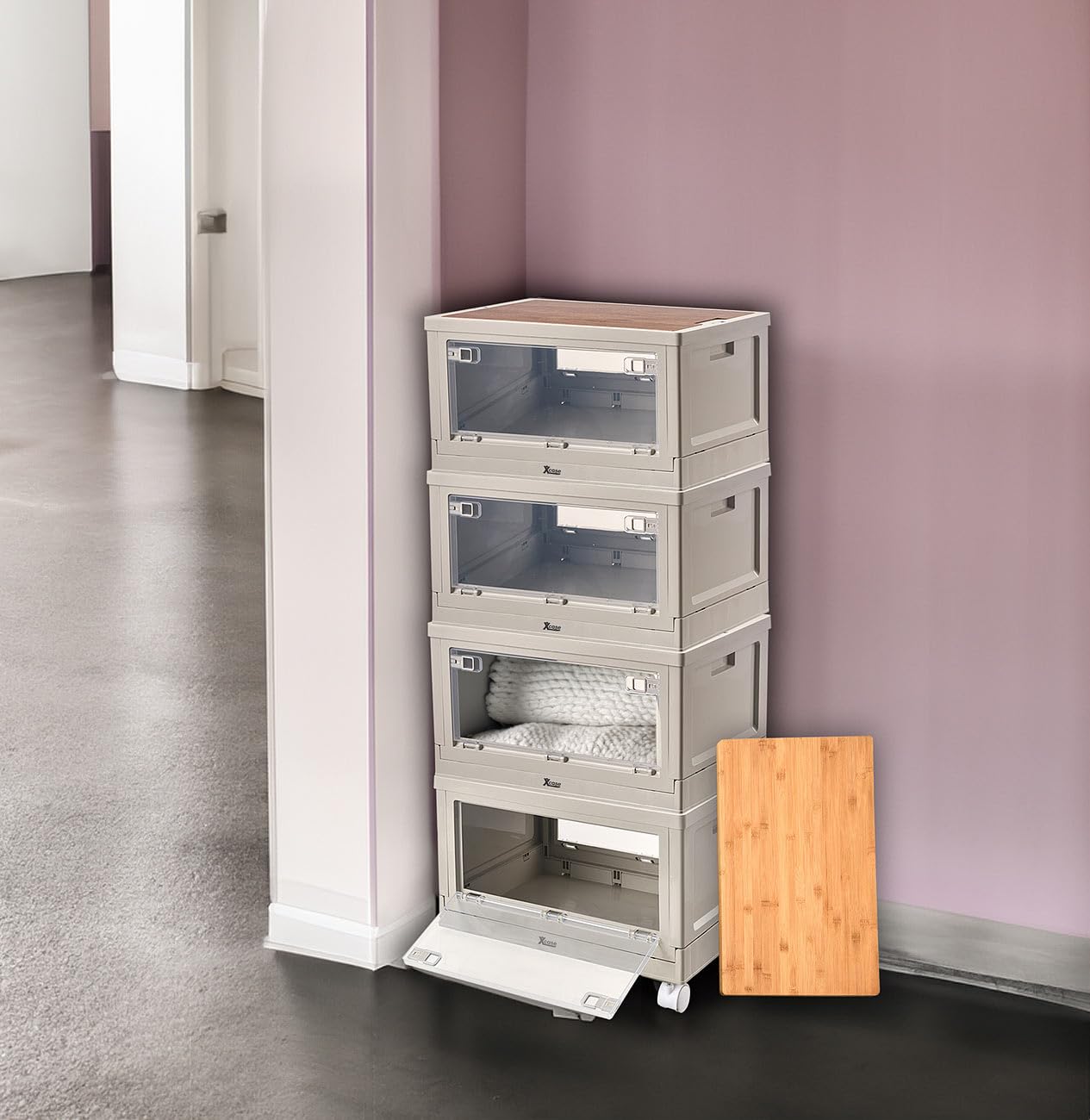 Xcase Klappboxen: 4er-Set Camping-Aufbewahrungsboxen, falt- & stapelbar, MDF-Ablage, 55l (Camping Box mit Klappe, Boxen mit Sichtfenster, Schuhe)