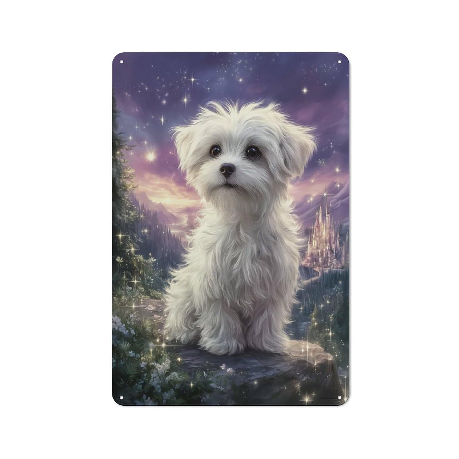 Junmoney Style-8 Metal Plaque With Maltese Puppy In Fantasy Landscape Design 30X20cm, Cosy Diner Style Decor For Coffee Bar, Kitchen, Bistro Or Tea Corner