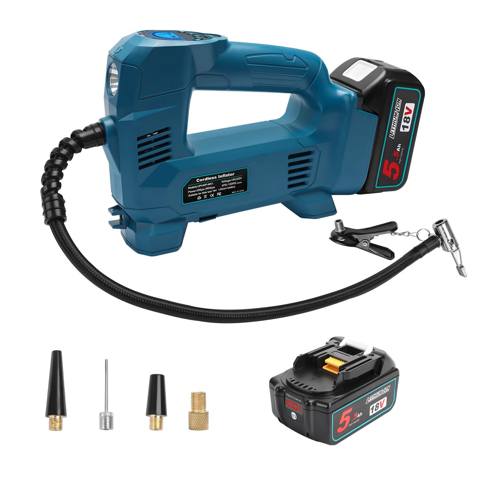 Powarobor Akku Kompressor Kompatibel mit Makita mit 2 Stück 18V 5.5Ah Akku (10.34 bar, Autoluftpumpe/Luftkompressor mit automatischer Abschaltung, LED-Licht)
