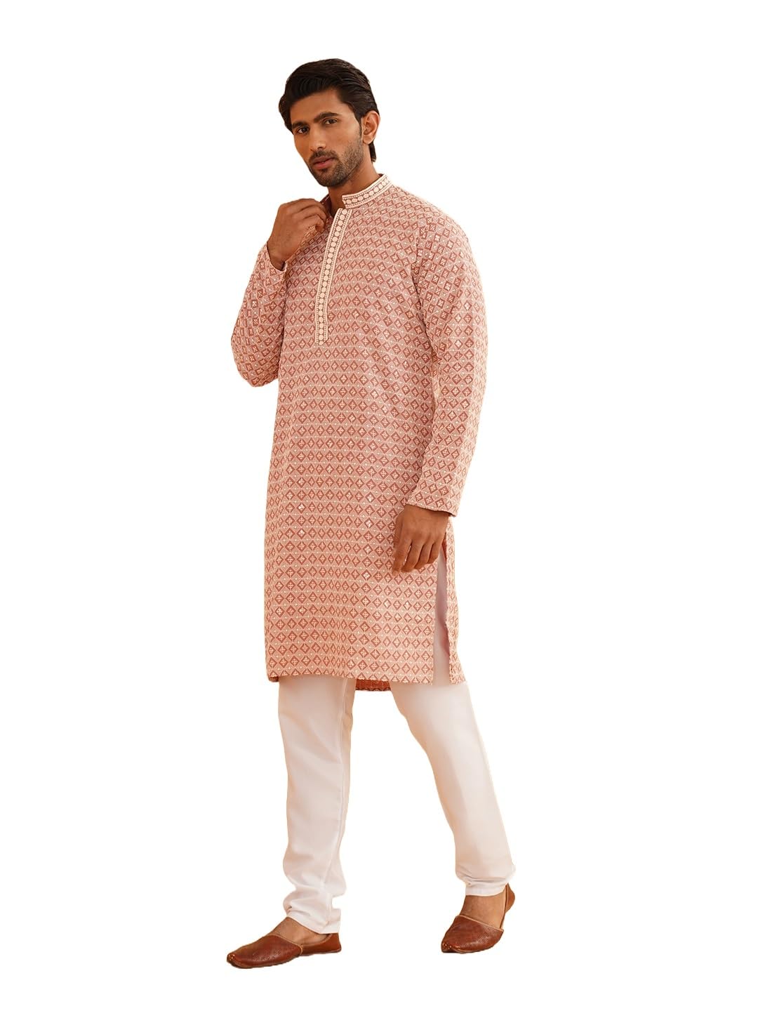 Sojanya (Since 1958 Men's Cotton Gold Embroidered Sequinned Peach Kurta With White Churidar Pyjama