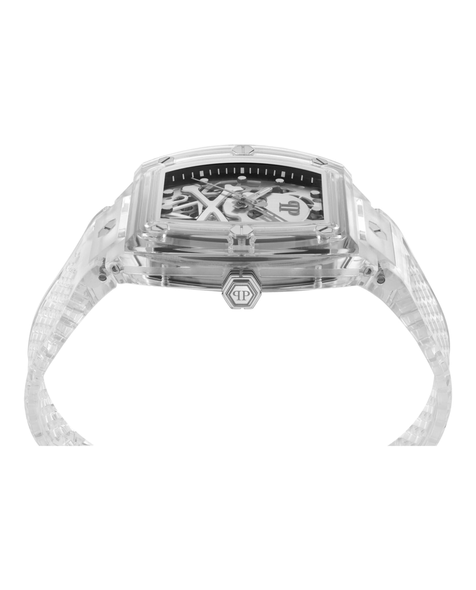 Philipp Plein The $keleton Crystal Collection Luxury Mens Watch Timepieces with a Transparent Strap and Case Featuring a Silver Dial