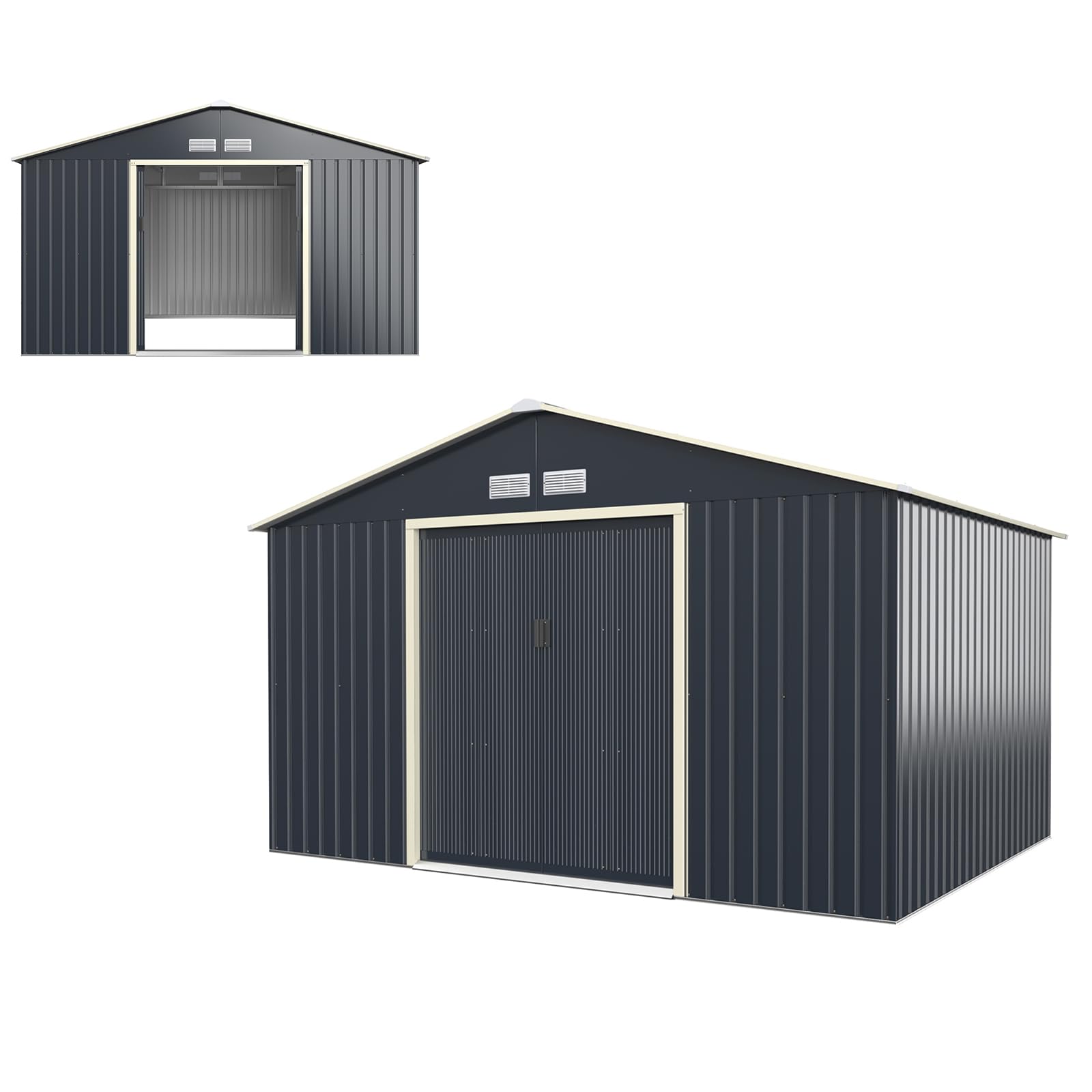 HOMASIS Gerätehaus Metall, Geräteschuppen mit Satteldach & 4 Lüftungsfenster & 2 Schiebetür, Gartenhaus Gartenschuppen Gartenhütte Metallschuppen Metallhaus Outdoor Wetterfest, Grau (340x255x210cm)