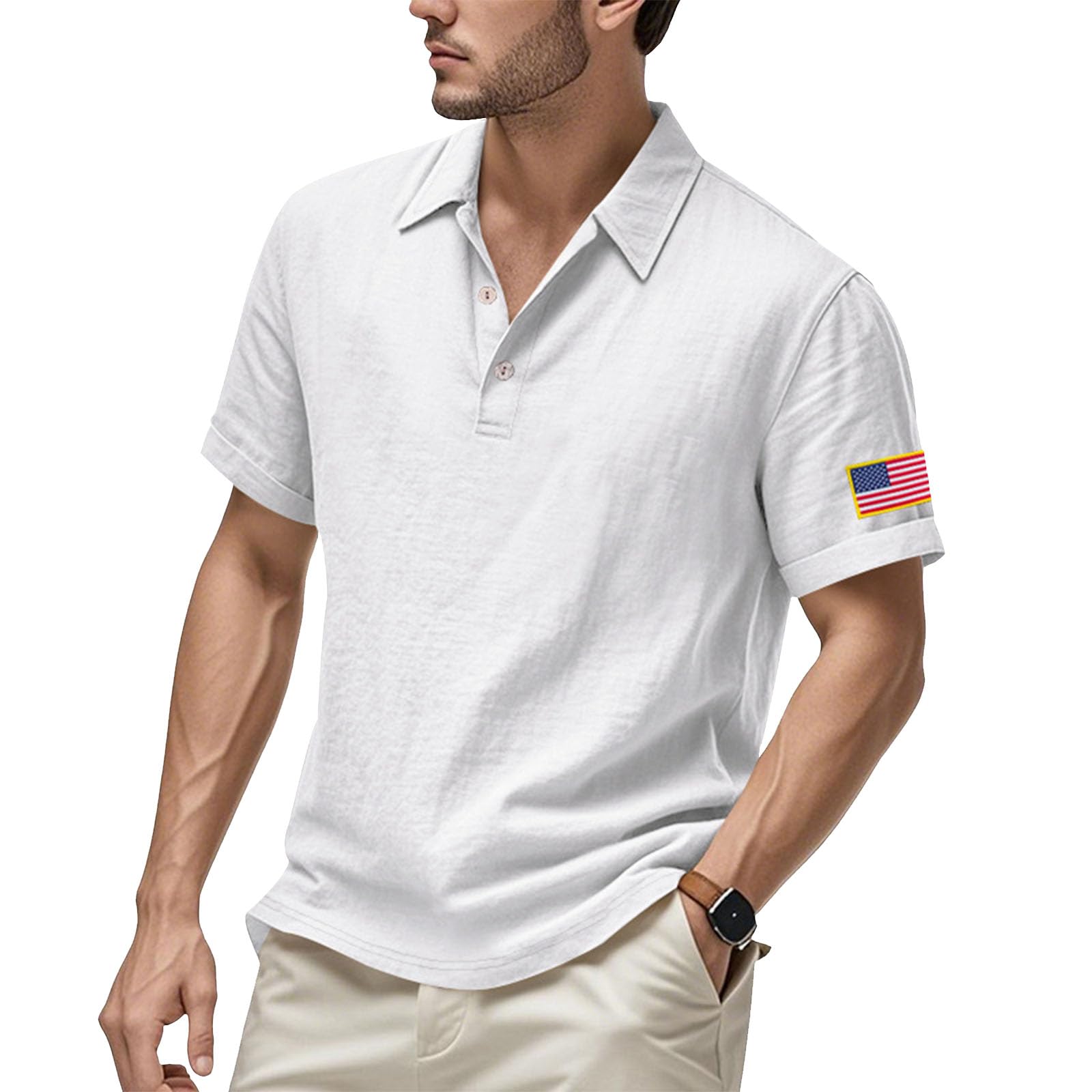 Mens Cotton Linen Polo Shirts Short Sleeve Lightweight Lapel Blouses Button American Flag T-Shirt 2025 Casual Tops