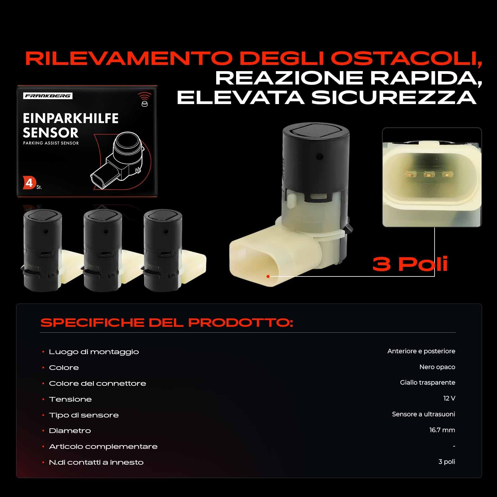 Frankberg 4 sensori di parcheggio anteriori e posteriori 4B0919275A | Compatibile con: Polo 9A 9N, A8 4E2 4E8, A6 4B2 4B4, A4 Cabriolet 8H7, O.c.t.a.v.i.a II 1Z3, A6 Avant 4B5 4B6