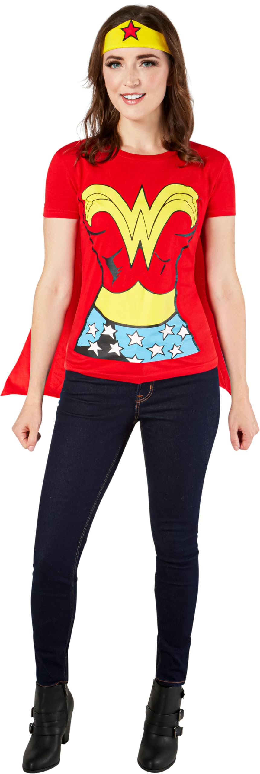 Rubie's Official DC Comics Wonder Woman Ladies Dress Up Kit, Super Hero Tshirt Top, Headpiece & Cape