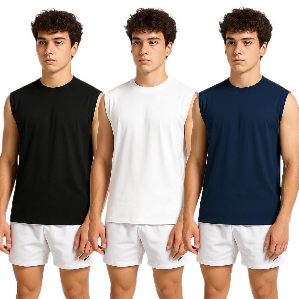 Men’s Pure Cotton Sleeveless T-Shirt Combo Pack of 3 Gym Vest Running Sando Training Quick Dry, Sweat Absorbing, Relax Fit Fitness Tee-image-5
