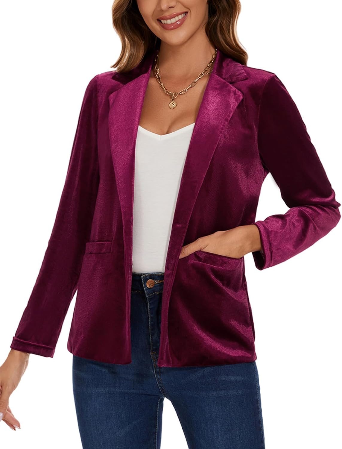 MINTLIMIT Velvet Blazers for Women Long Sleeve Notched Lapel Blazer Formal Events Work Office Velvet Jacket Coat with Pockets,M,Purplish Red